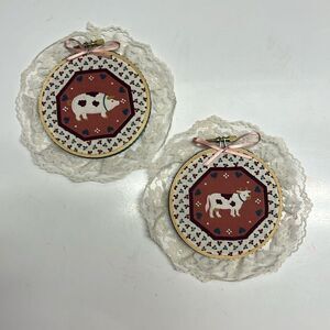 Homemade Farmhouse Pig Cow Ornaments Lace with 4.25” Embroidery Rings Holiday